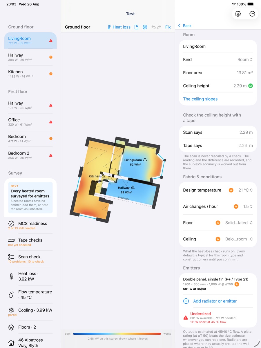 The Pro workspace on an iPad: rooms, the heat map, and the room's fabric and radiators