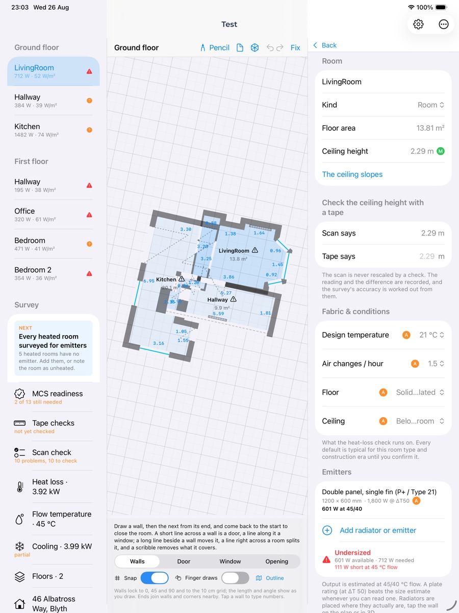 RoomRay on an iPad: a floor plan being drawn with the pencil, the room list on the left and the room's details on the right