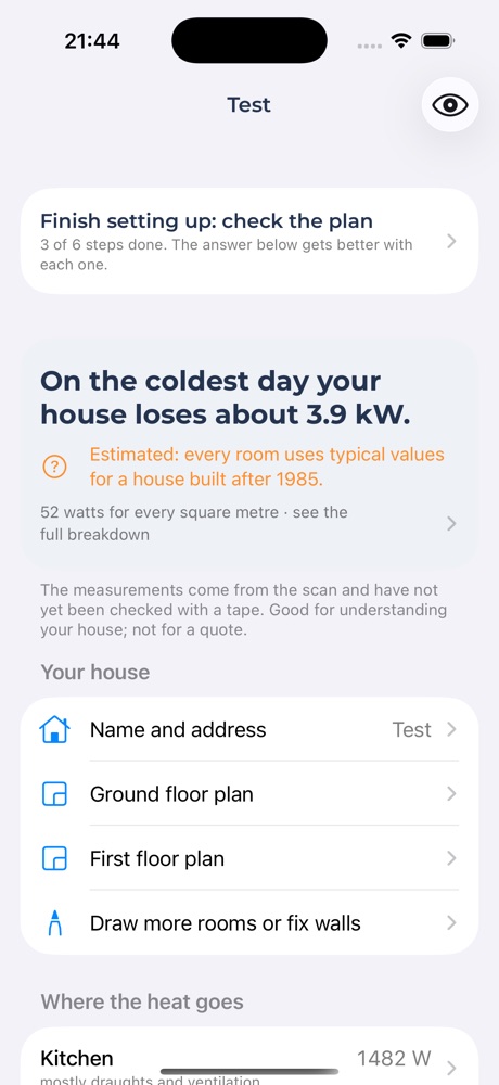 The Home view on an iPhone: one sentence for the house and where the heat goes
